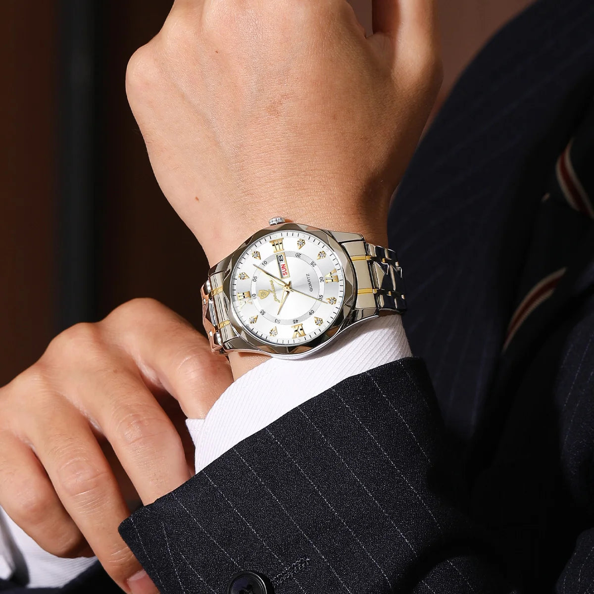 US Local Stock Gohuos 8801 Fashion Business Silver Gold White Wristwatch Stainless Waterproof Quartz Double Calendar Men Watches