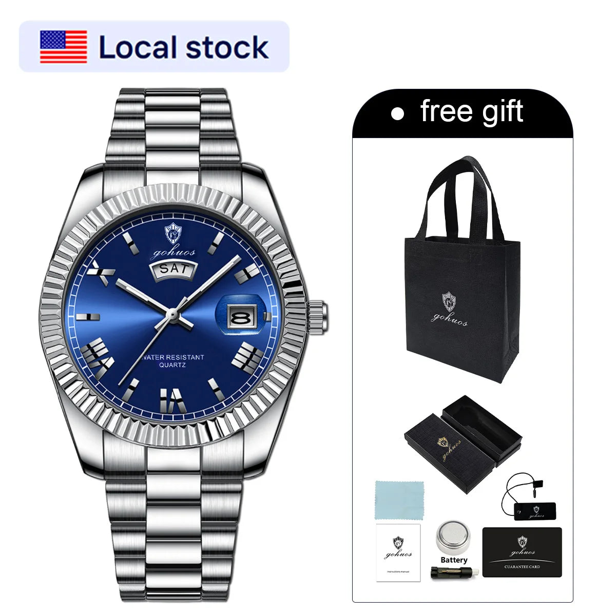 US Local Stock Gohuos 8832 Minimalist Style Men's Fashion Watches Week Date Business Stainless Steel Strap Original Quartz Watch