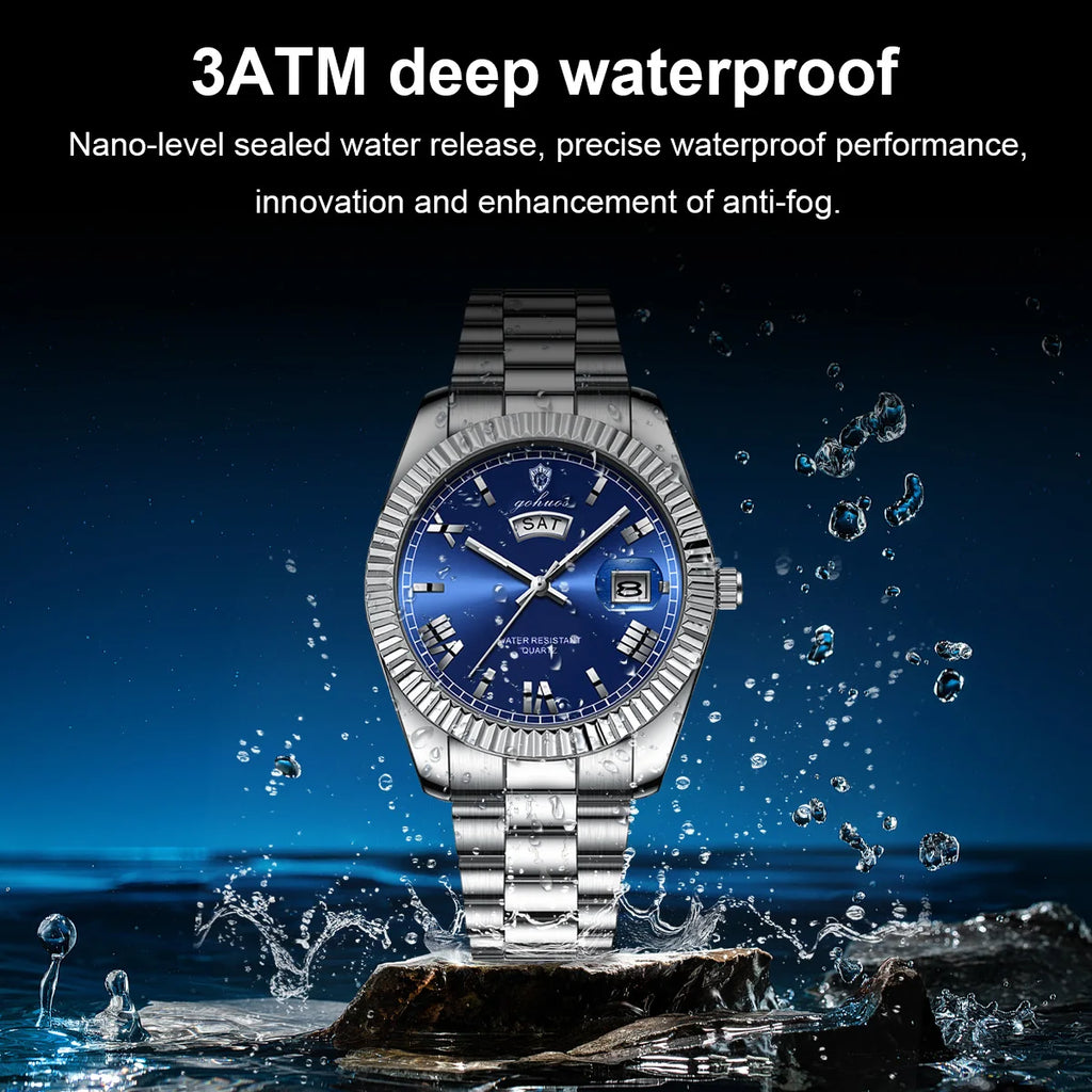 US Local Stock Gohuos 8832 Minimalist Style Men's Fashion Watches Week Date Business Stainless Steel Strap Original Quartz Watch