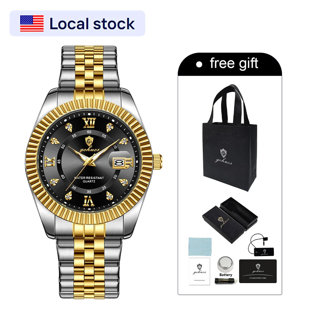 US Local Stock Gohuos 8804 High Quality Waterproof Stainless Steel Classic Quartz Watch Luminous Hands Date Display Men Watches