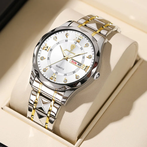US Local Stock Gohuos 8801 Fashion Business Silver Gold White Wristwatch Stainless Waterproof Quartz Double Calendar Men Watches