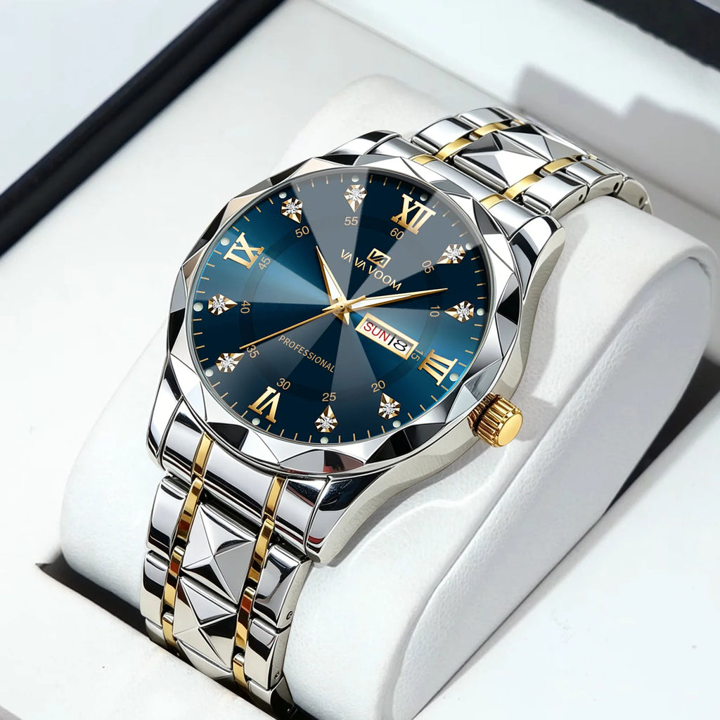 Men Business Quartz Watch, 30M Waterproof Luminous Wristwatch, Diamond-cut Case Stainless Steel Band Calendar Male Wrist Watch