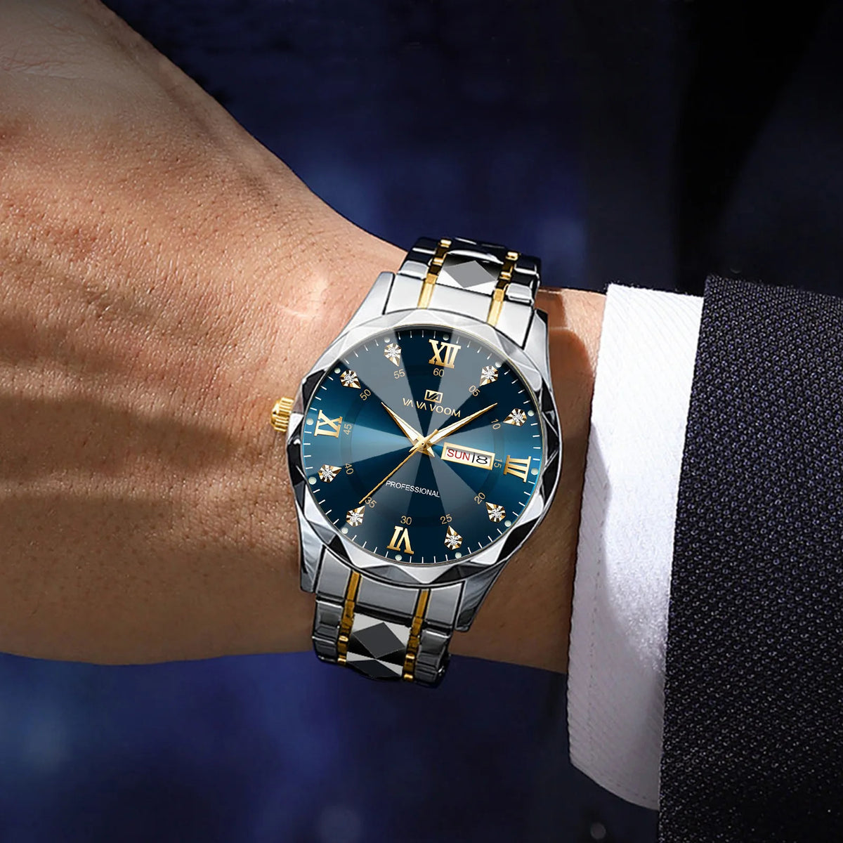 Men Business Quartz Watch, 30M Waterproof Luminous Wristwatch, Diamond-cut Case Stainless Steel Band Calendar Male Wrist Watch