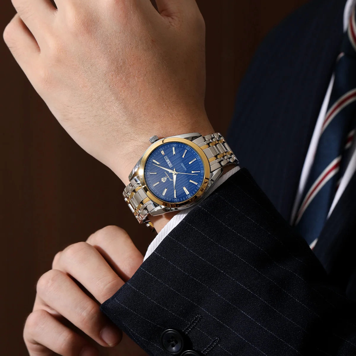 US Local Stock Gohuos 8817 Gold Blue Men Wrist Watch Original Quartz Calendar Date Water Resistant Luminous Hands Montre Watches