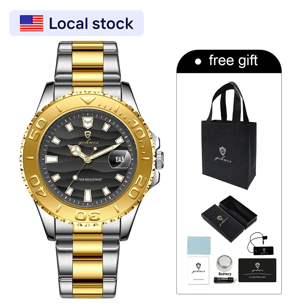 US Local Stock Gohuos 58818 Classic Simple Design Gold Black Men's Wrist Watches Waterproof Luxury Luminous Quartz Watch for Men
