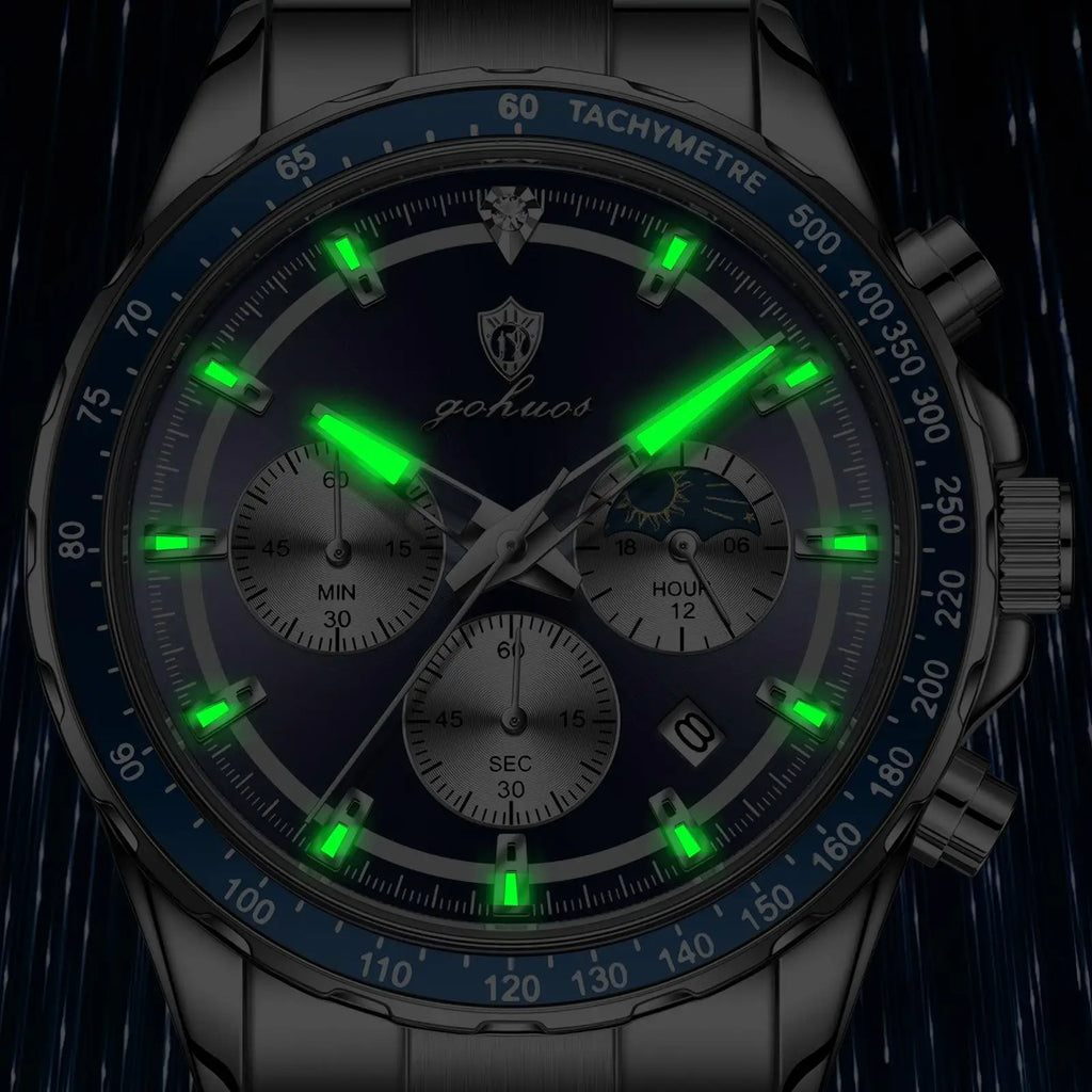 US Local Stock Gohuos 9815 Hot Sale Chronograph Quartz Men Watches Reloj Montre Stainless Steel Luminous Waterproof Wristwatches