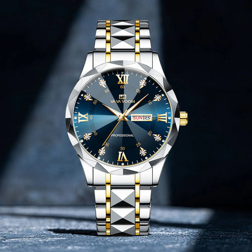 Men Business Quartz Watch, 30M Waterproof Luminous Wristwatch, Diamond-cut Case Stainless Steel Band Calendar Male Wrist Watch