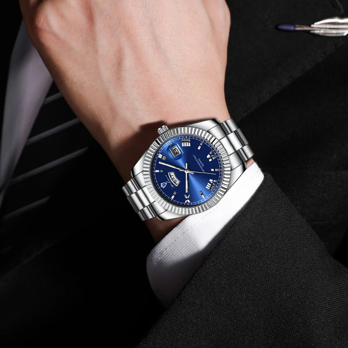 US Local Stock Gohuos 8832 Minimalist Style Men's Fashion Watches Week Date Business Stainless Steel Strap Original Quartz Watch