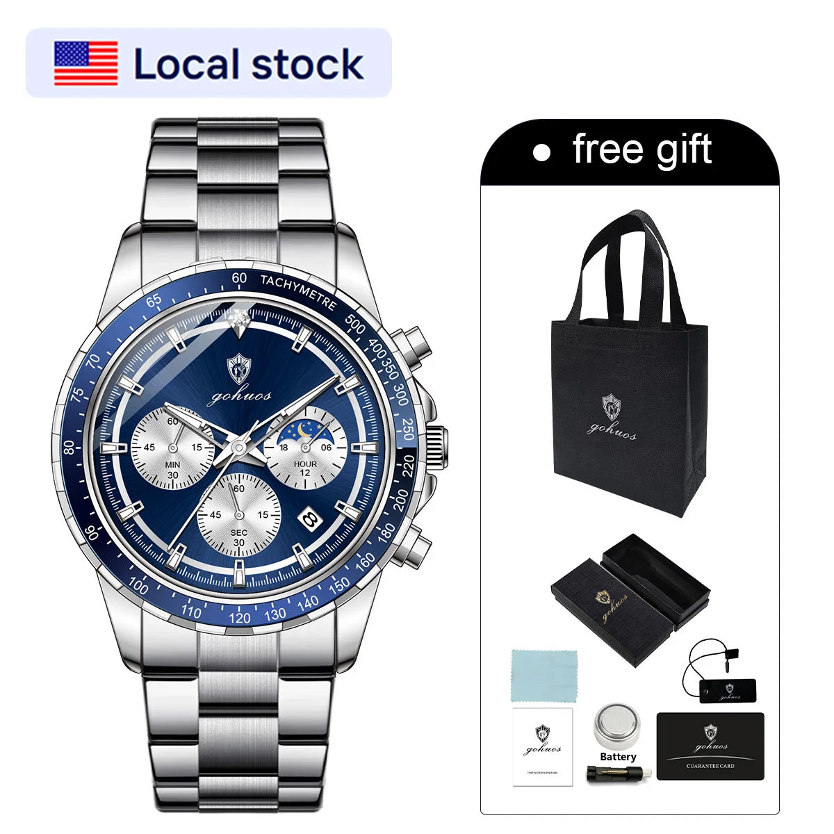 US Local Stock Gohuos 9815 Hot Sale Chronograph Quartz Men Watches Reloj Montre Stainless Steel Luminous Waterproof Wristwatches