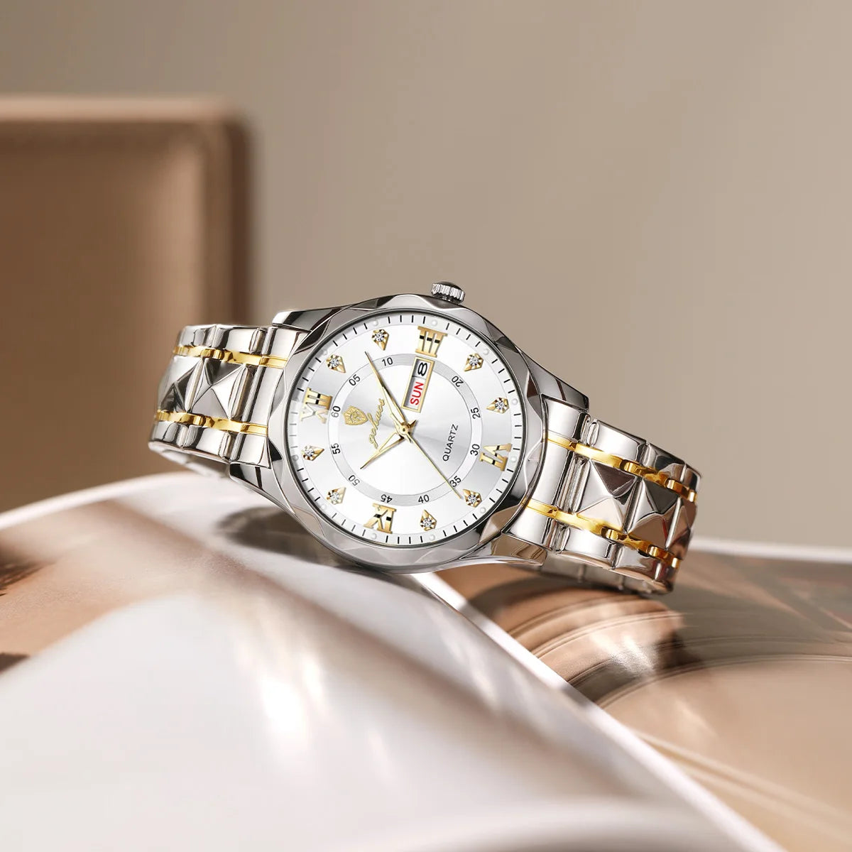 US Local Stock Gohuos 8801 Fashion Business Silver Gold White Wristwatch Stainless Waterproof Quartz Double Calendar Men Watches