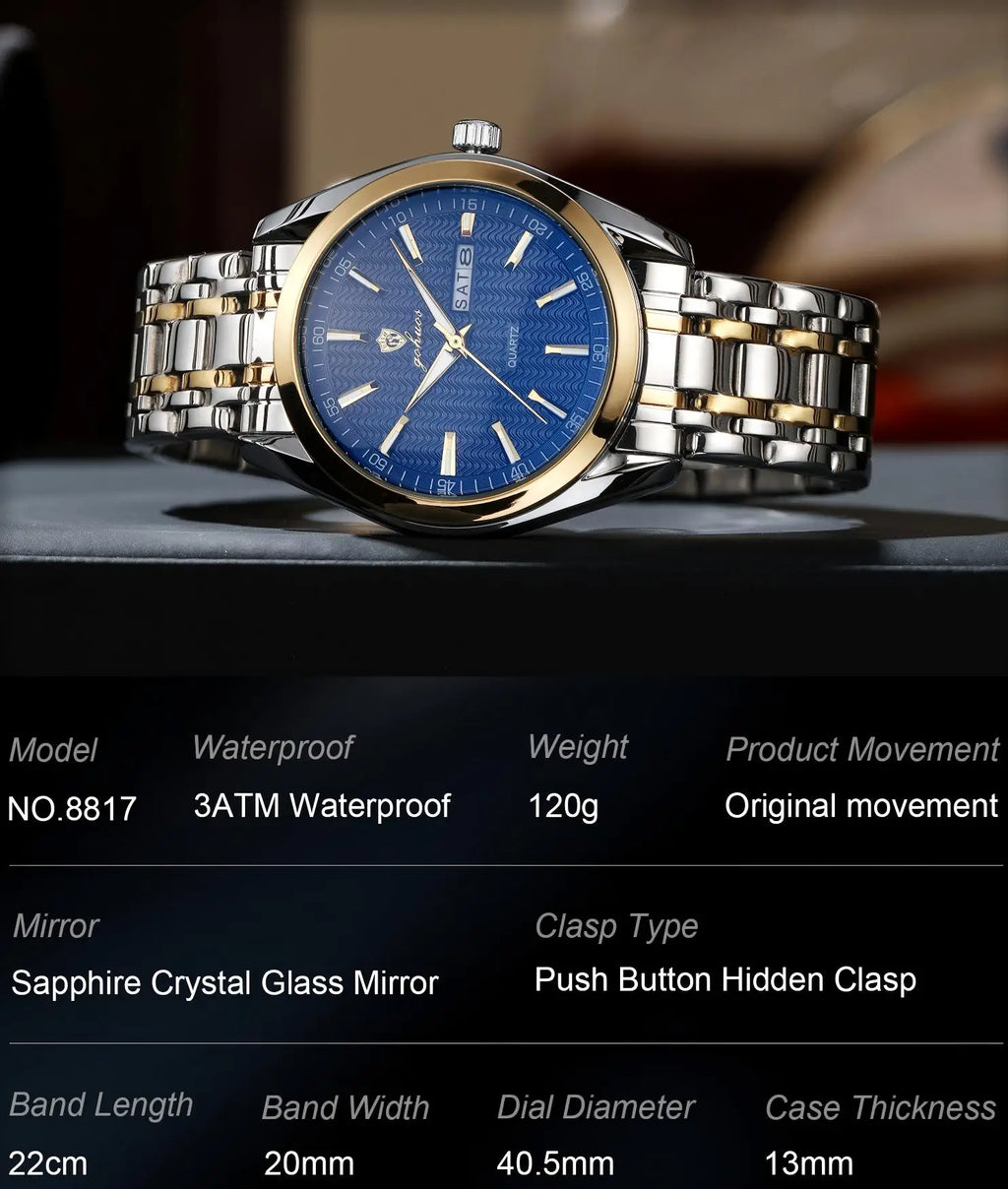 US Local Stock Gohuos 8817 Gold Blue Men Wrist Watch Original Quartz Calendar Date Water Resistant Luminous Hands Montre Watches