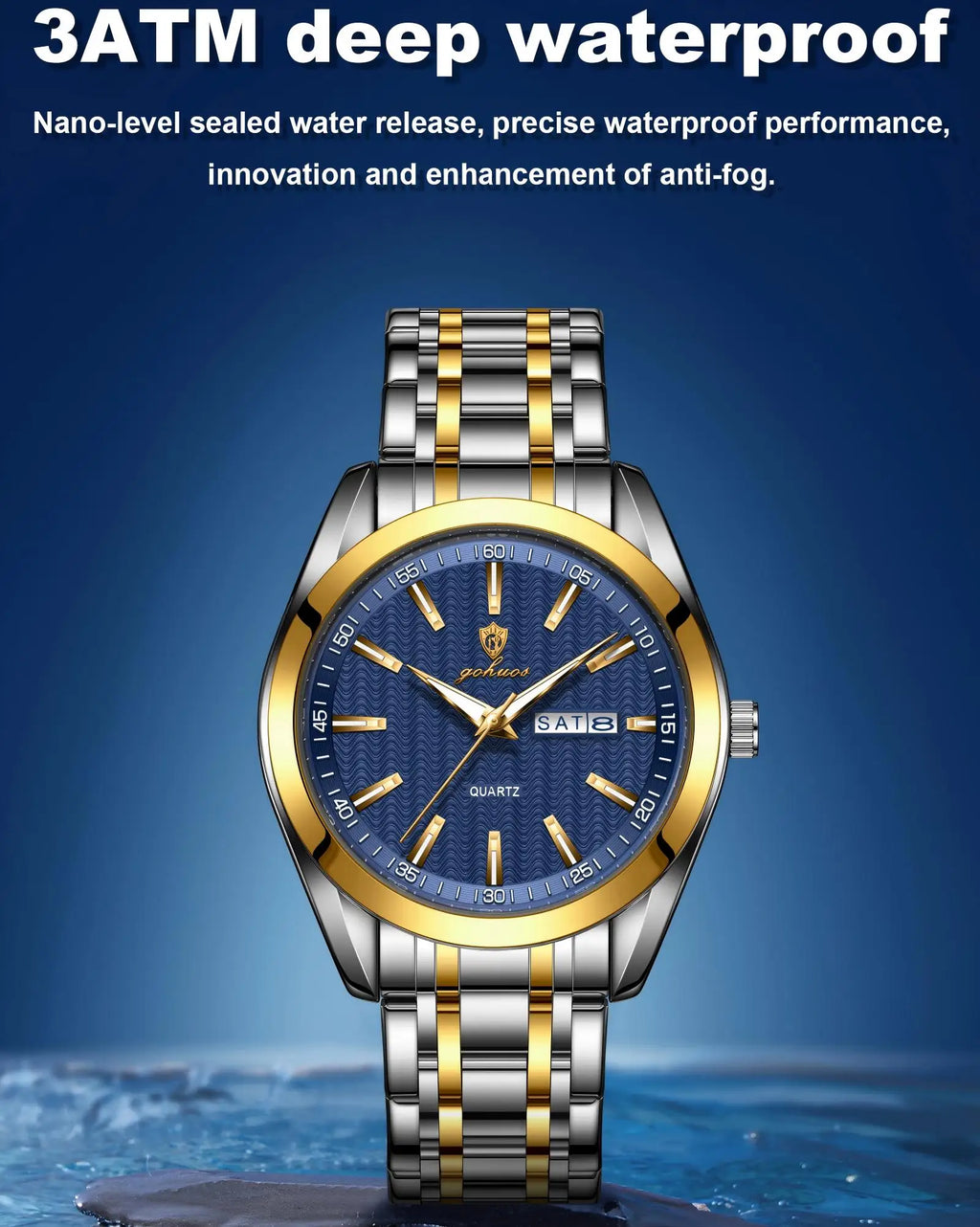 US Local Stock Gohuos 8817 Gold Blue Men Wrist Watch Original Quartz Calendar Date Water Resistant Luminous Hands Montre Watches