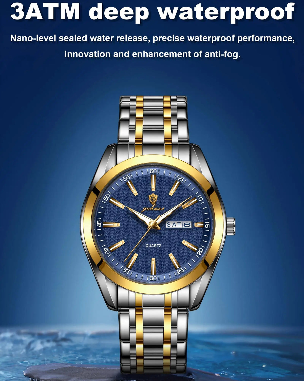 US Local Stock Gohuos 8817 Gold Blue Men Wrist Watch Original Quartz Calendar Date Water Resistant Luminous Hands Montre Watches