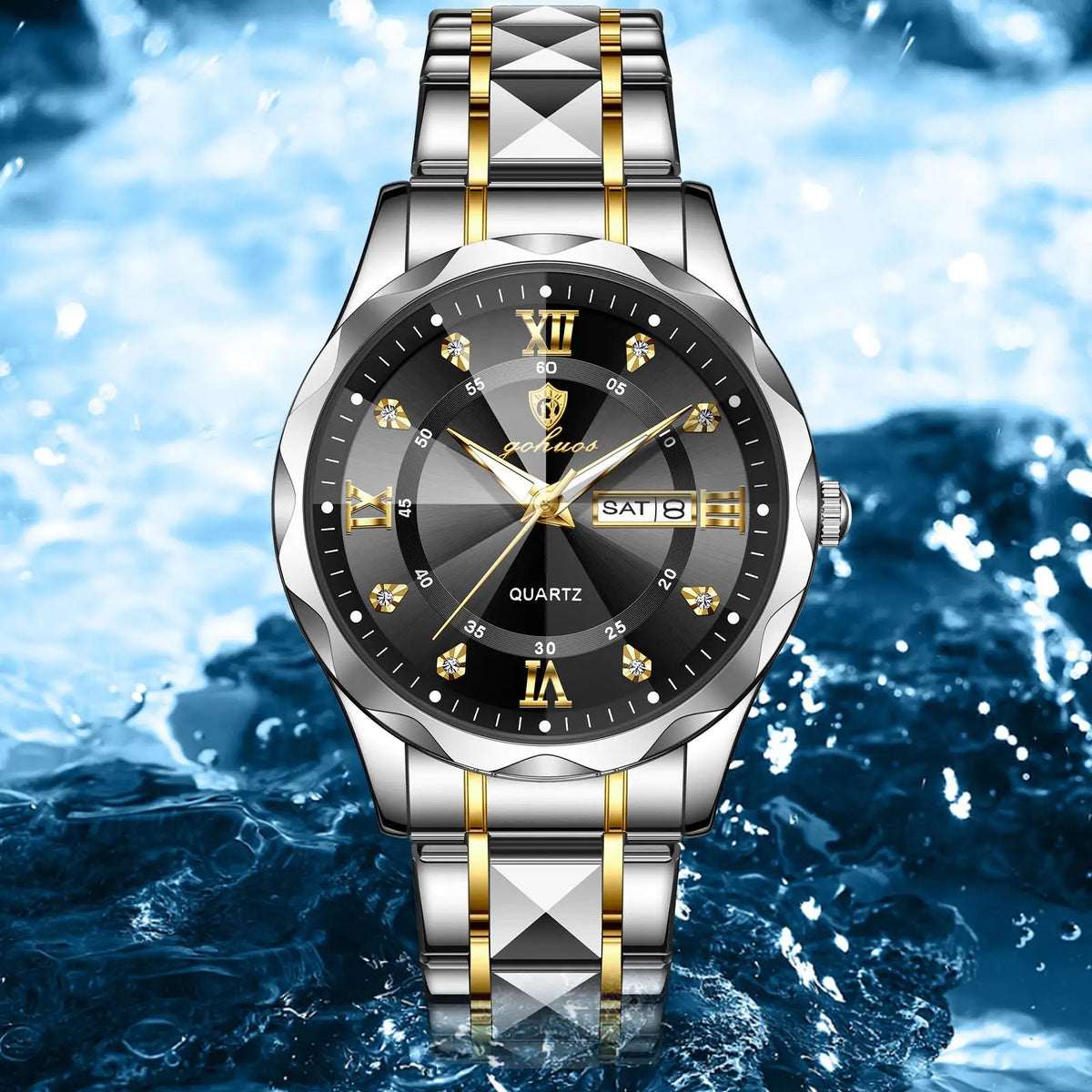 US Local Stock Gohuos 8801 Fashion Business Silver Gold White Wristwatch Stainless Waterproof Quartz Double Calendar Men Watches