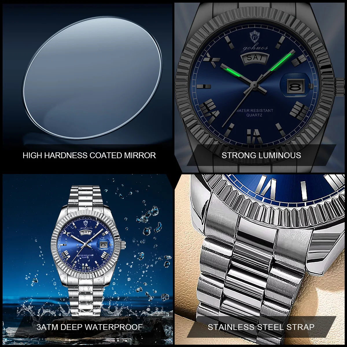 US Local Stock Gohuos 8832 Minimalist Style Men's Fashion Watches Week Date Business Stainless Steel Strap Original Quartz Watch