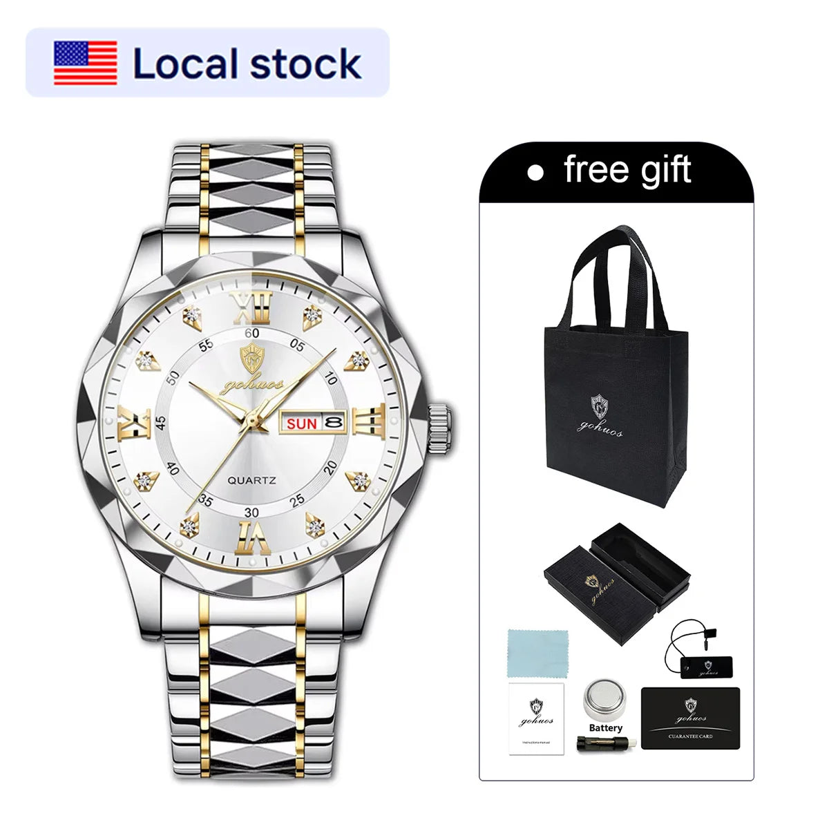 US Local Stock Gohuos 8801 Fashion Business Silver Gold White Wristwatch Stainless Waterproof Quartz Double Calendar Men Watches